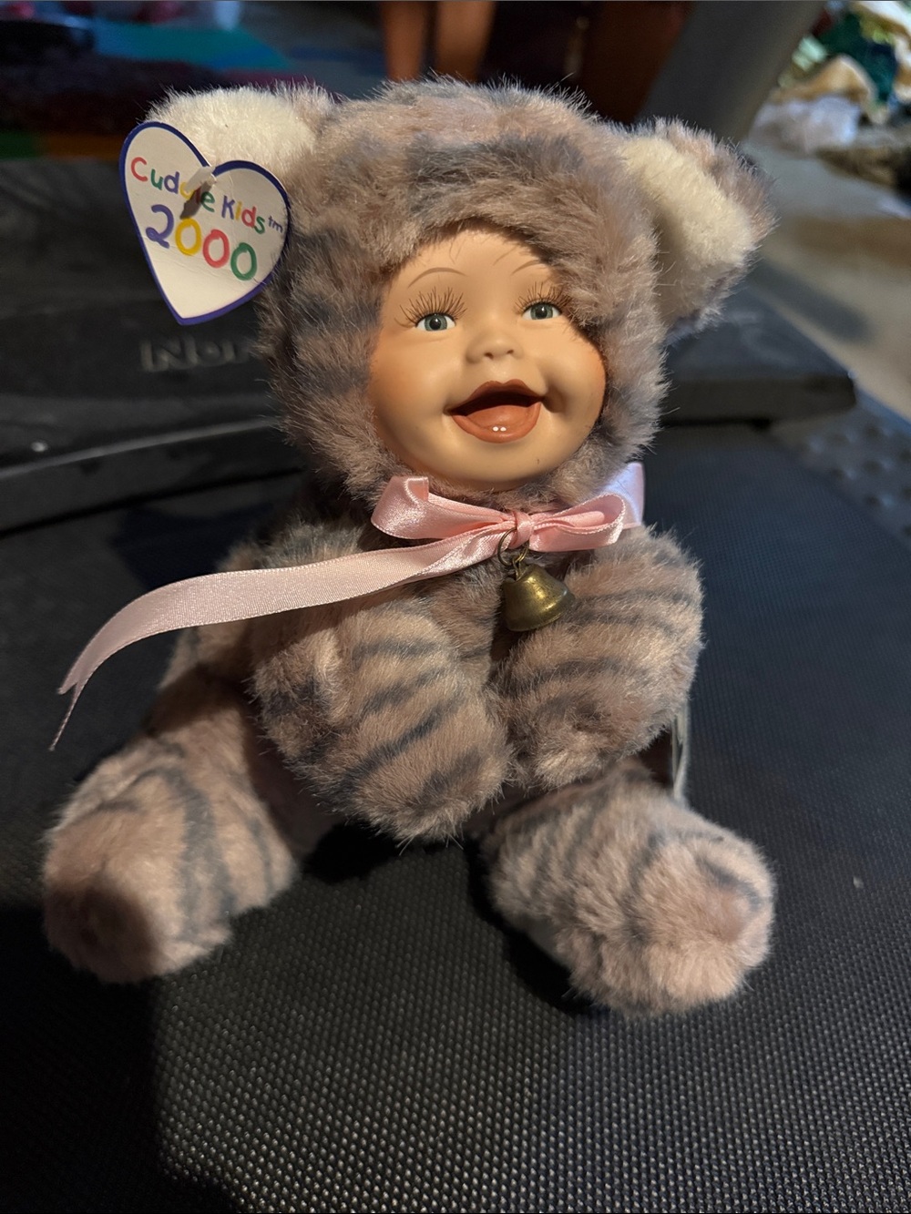 Cuddlekins Plush Baby Doll in Pink Striped Fur with Bell